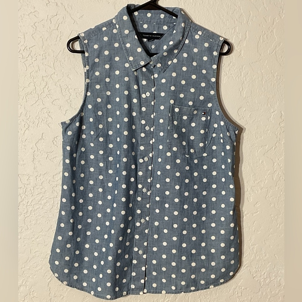Women’s Tommy Hilfiger Polka Dot Sleeveless Chambray Button Down Shirt Sz Large